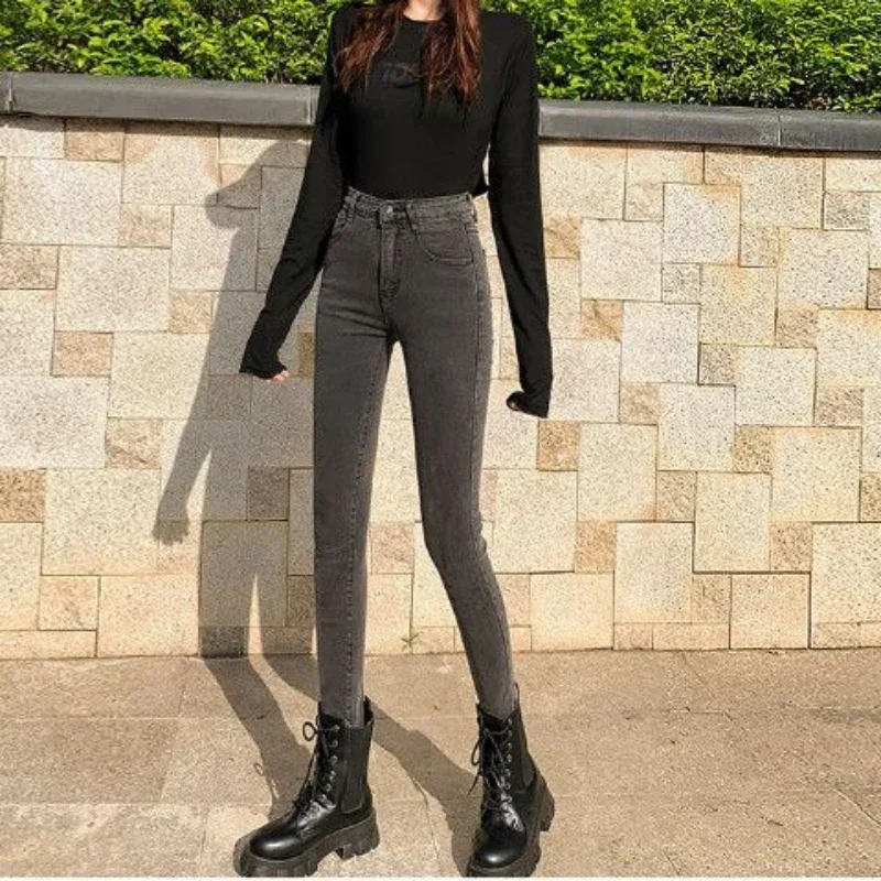 

Брюки женские облегающие с завышенной талией, серые джинсы-скинни с карманами, модные ковбойские штаны в Корейском стиле, Z Basics