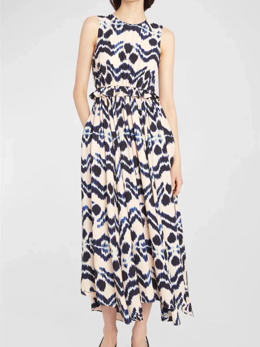 Midi Dress For Ladies 2024 New Contrast Color Print O-Neck Ruffles Trim Slim Vintage Waist Sleeveless Pleated Long Robes
Midi Dress For Ladies 2024 New Contrast Color Print O-Neck Ruffles Trim Slim Vintage Waist Sleeveless Pleated Long Robes