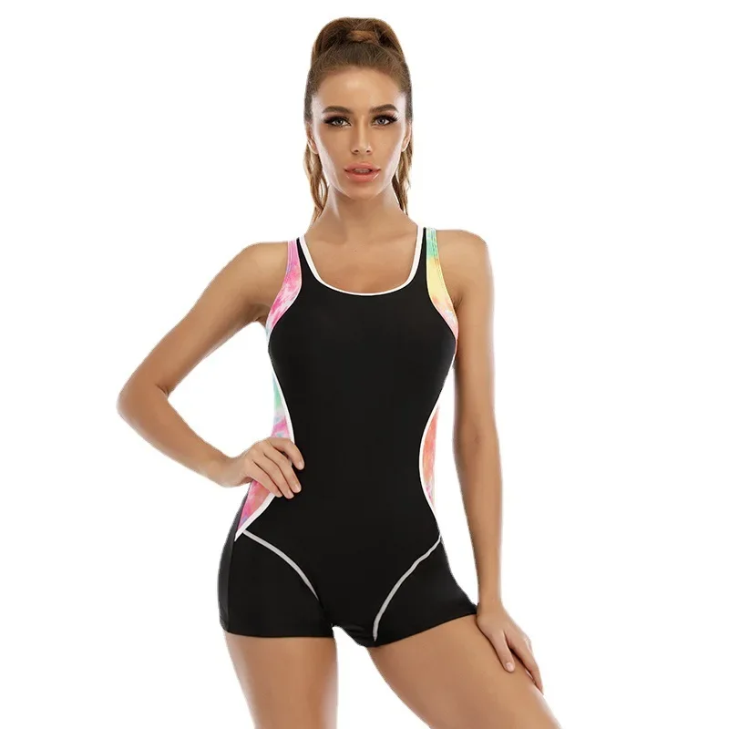 

New Professional Scoop Neck Sport One Piece Swimsuit Women Splicing Racer Sporty Bathing Suit With Shorts Female Bodysuit Bather