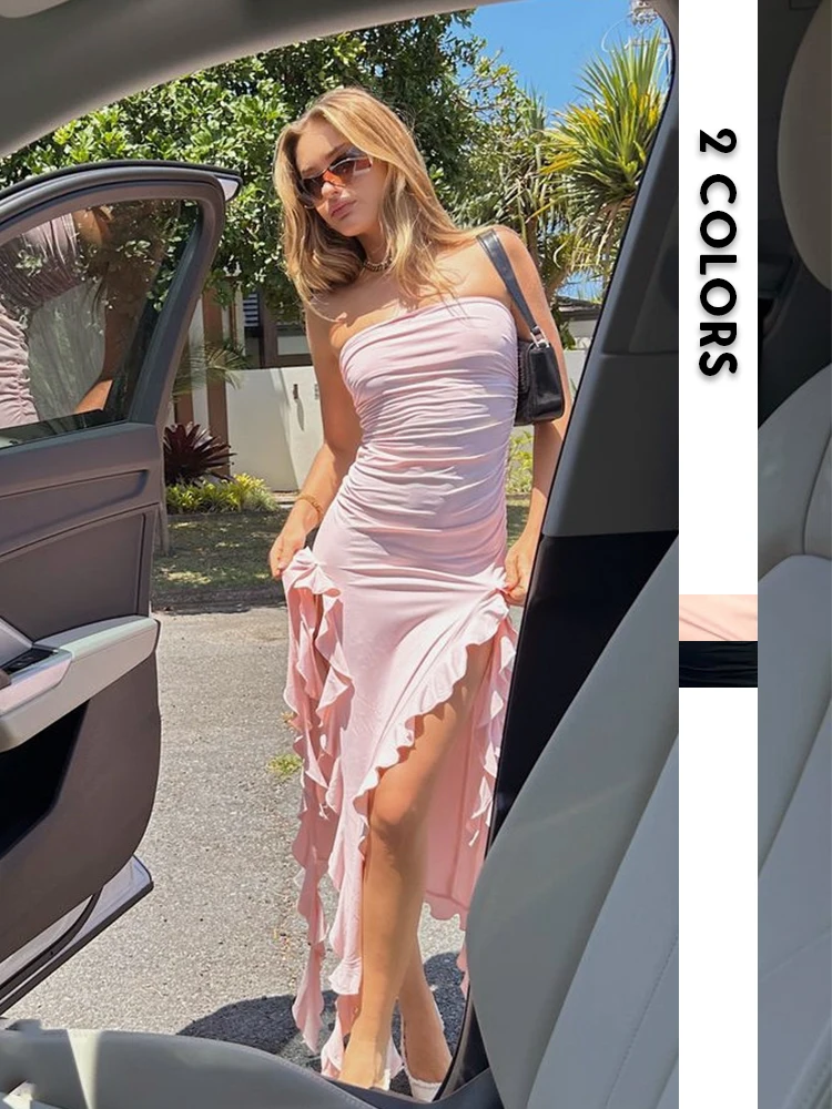 

Women Sexy Straplesst Party Dresses Fashion Elegant Ruffles Design Maxi Dress Off Shoulder Backless Causal Beach Lady Long Dress