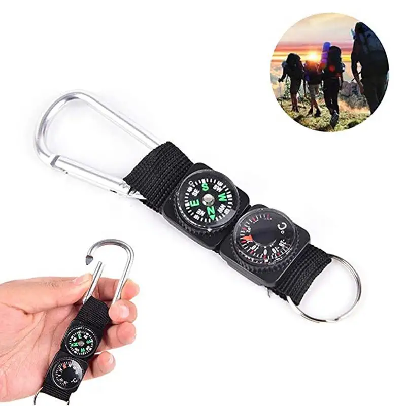 

Multifunction 3 In 1 Camping Climbing Hiking Mini Carabiner W Keychain Compass Thermometer Hanger Key Ring