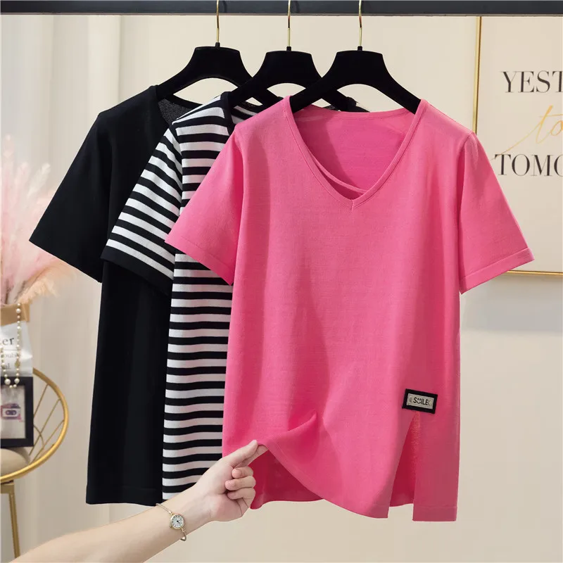 

Womens sweater Fashion Female Tee Letters printing Casual pullover basis knits V-neck Short sleeve T Shirt Women Summer 2023