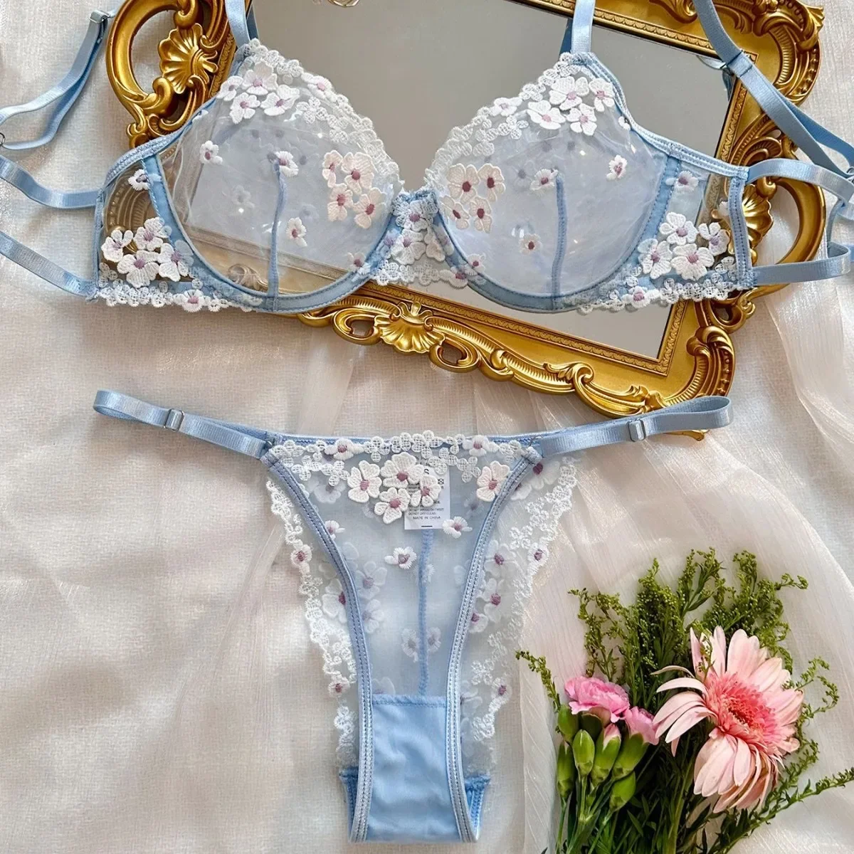 

SexeLakas Sensual Lingerie Light Blue Floral Embroidery See Through Lace Intimate Women Mesh Sheer 2 Pieces Push Up Bra Costume