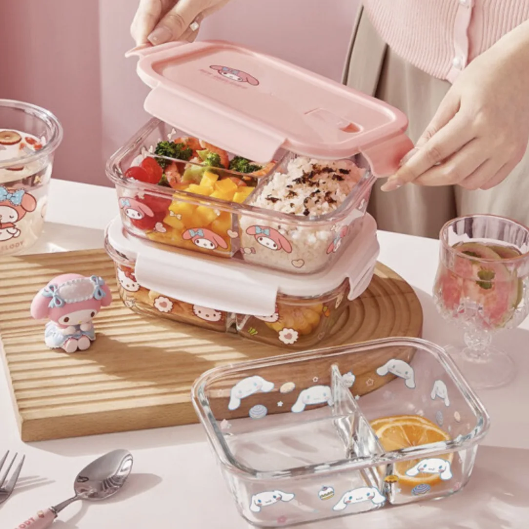 

Sanrios Hello Kitty Glass Lunch Box Cinnamoroll Cartoon Heatable Fresh Bowl Anime Large Capacity Bento Box Cute Home Tableware
