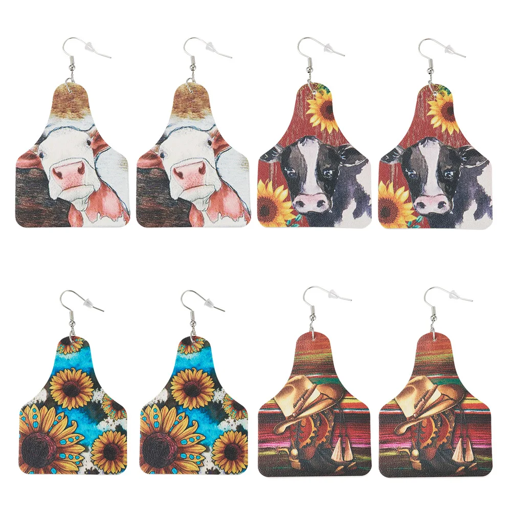 

Pandahall 4Pairs 4 Style Cattle with Sunflower PU Imitation Leather Cow Tag Dangle Earrings for Women Earring Jewelry Gift