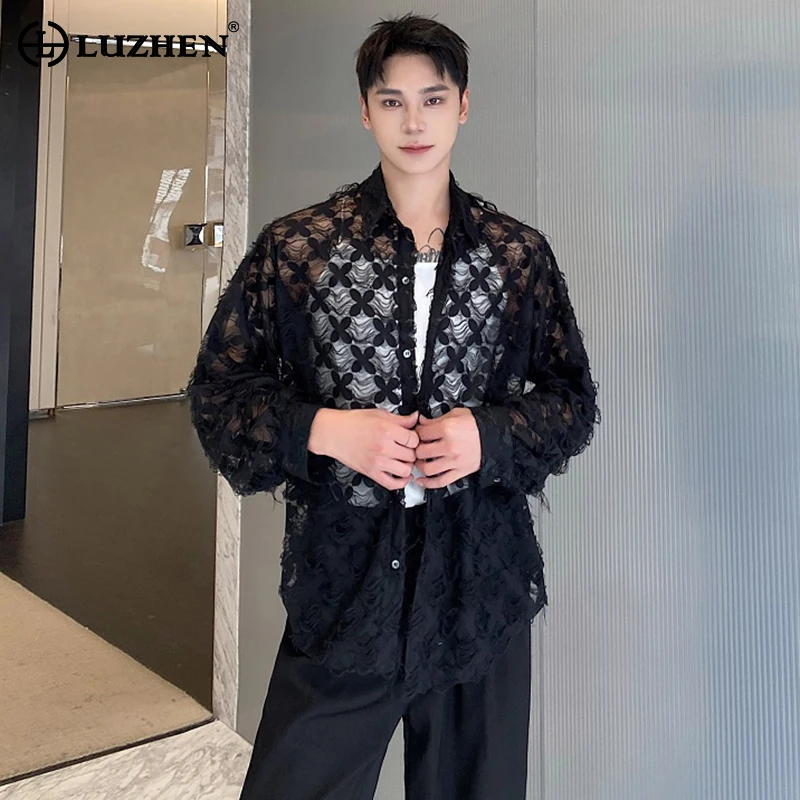 

LUZHEN Stylish Personality Hollow Perspective Design Tops Men's 2024 New Trendy Elegant Casual Korean Long Sleeve Shirts LZ2205