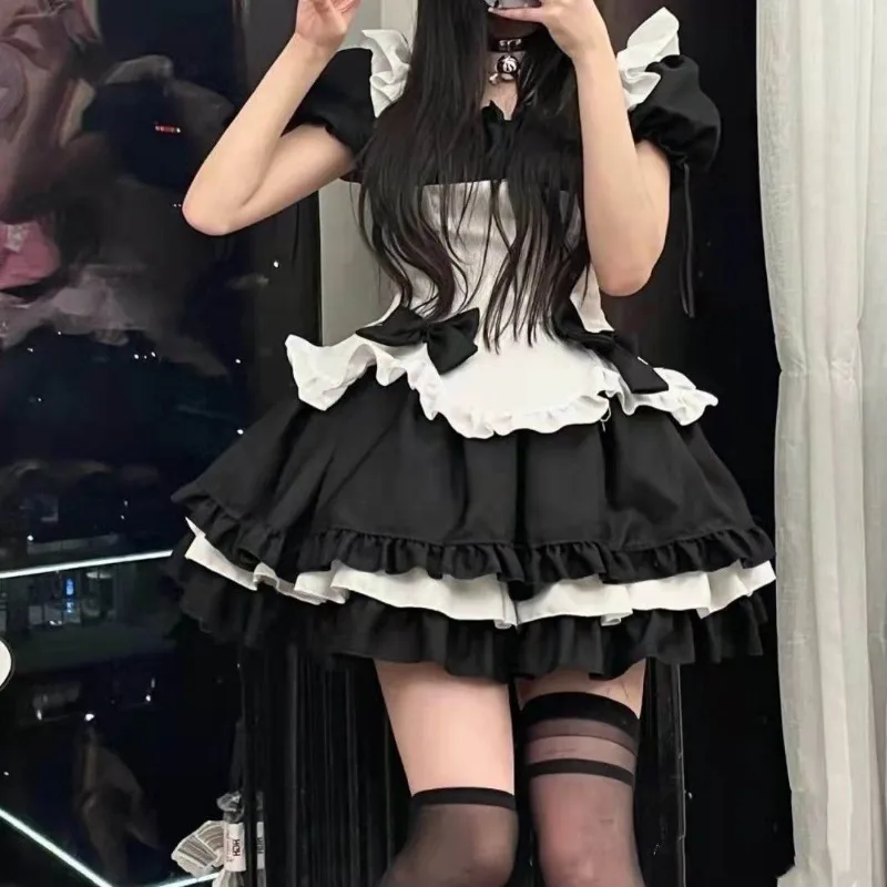 

Japanese 2024 Summer Cute Maid Lolita Spliced Fashion Bow Ruffle Spuff Sleeve Bright Line Decoration Elegant Princess Dress Suit