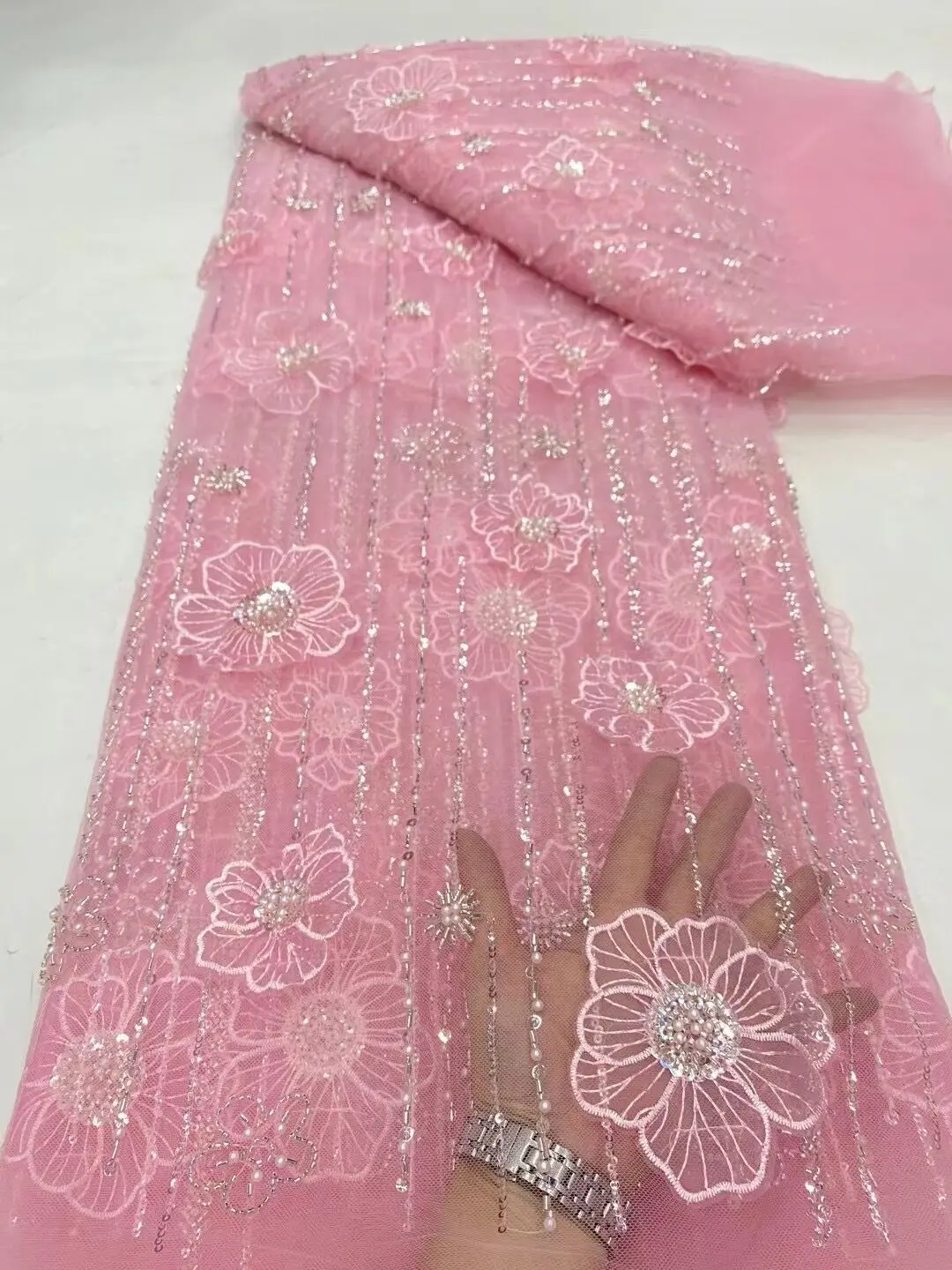 

High Quality Fashion French Embroidery 3D Flower Beaded Lace Fabric African Nigerian Sequin Fabric For Wedding Dress