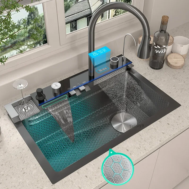 Double Waterfall Sink Embossed Stainless Steel Kitchen Sink Large Single Slot Digital Display Wash Basin Dishwashing pond
Double Waterfall Sink Embossed Stainless Steel Kitchen Sink Large Single Slot Digital Display Wash Basin Dishwashing pond