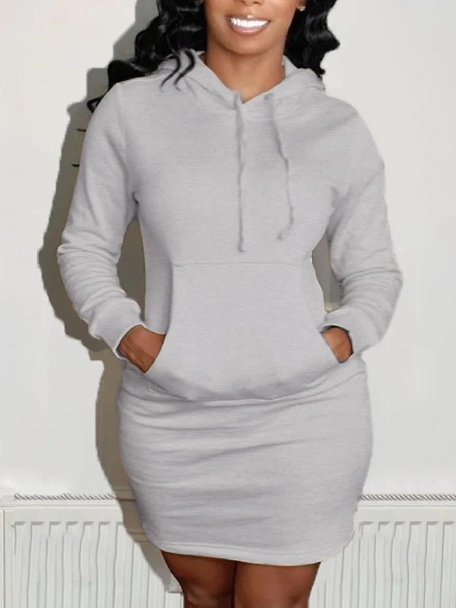 

LW Casual Plain Mini Hooded Collar Pocket Solid Sweat Dress Basics Long Sleeve Fall Winter Drawstring Hoodie Dresses