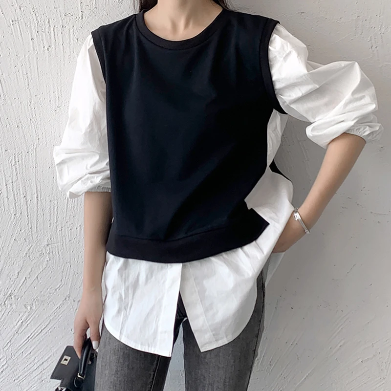 Корейский топ с имитацией двух частей, блузка, Женская Повседневная весенне-осенняя рубашка с круглым вырезом и длинным рукавом, свободная рубашка в стиле пэчворк
Корейский топ с имитацией двух частей, блузка, Женская Повседневная весенне-осенняя рубашка с круглым вырезом и длинным рукавом, свободная рубашка в стиле пэчворк