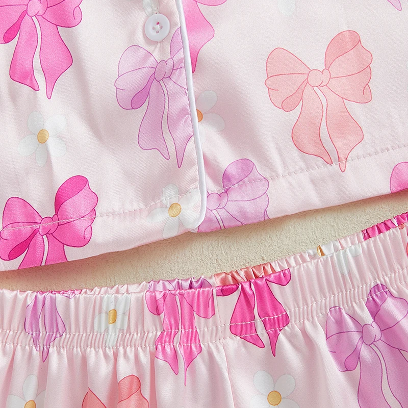 Summer Pajamas Set Bow Print Lapel Short Sleeve Button Down Tops with Shorts Kids Satin 2 Pieces Sleepwear Summer Pajamas Set Bow Print Lapel Short Sleeve Button Down Tops with Shorts Kids Satin 2 Pieces Sleepwear