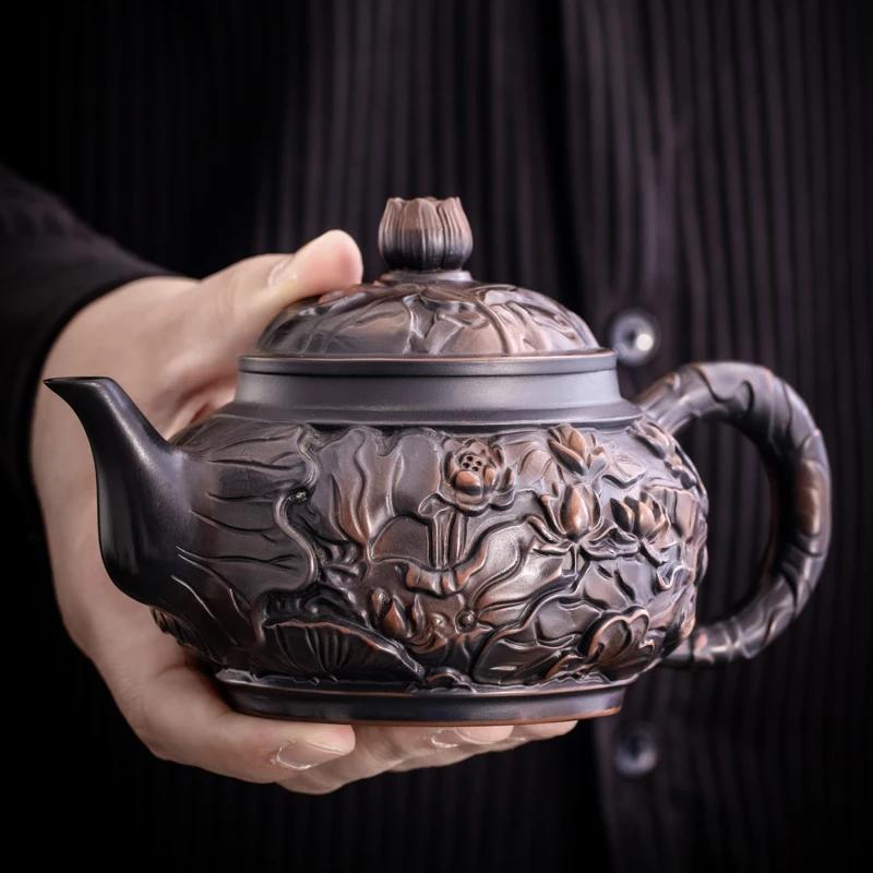 

Purple Pottery Teapot Hand Carving Ceramic Drink Pot Kettle Pot Kung Fu Tea Set Pure Teapot Teapot for Tea Puer Tea