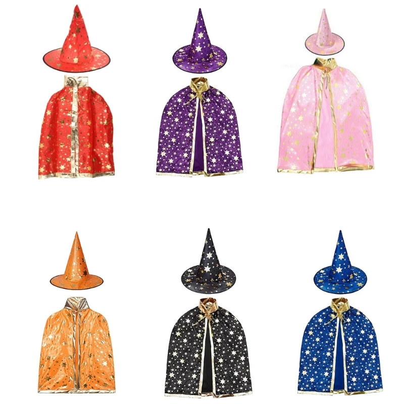 

2pcs Kids Children Halloween Witch Hats+Cape Masquerade Wizard Hat Cosplay Costume Halloween Party Fancy Dress Decor Dropship
