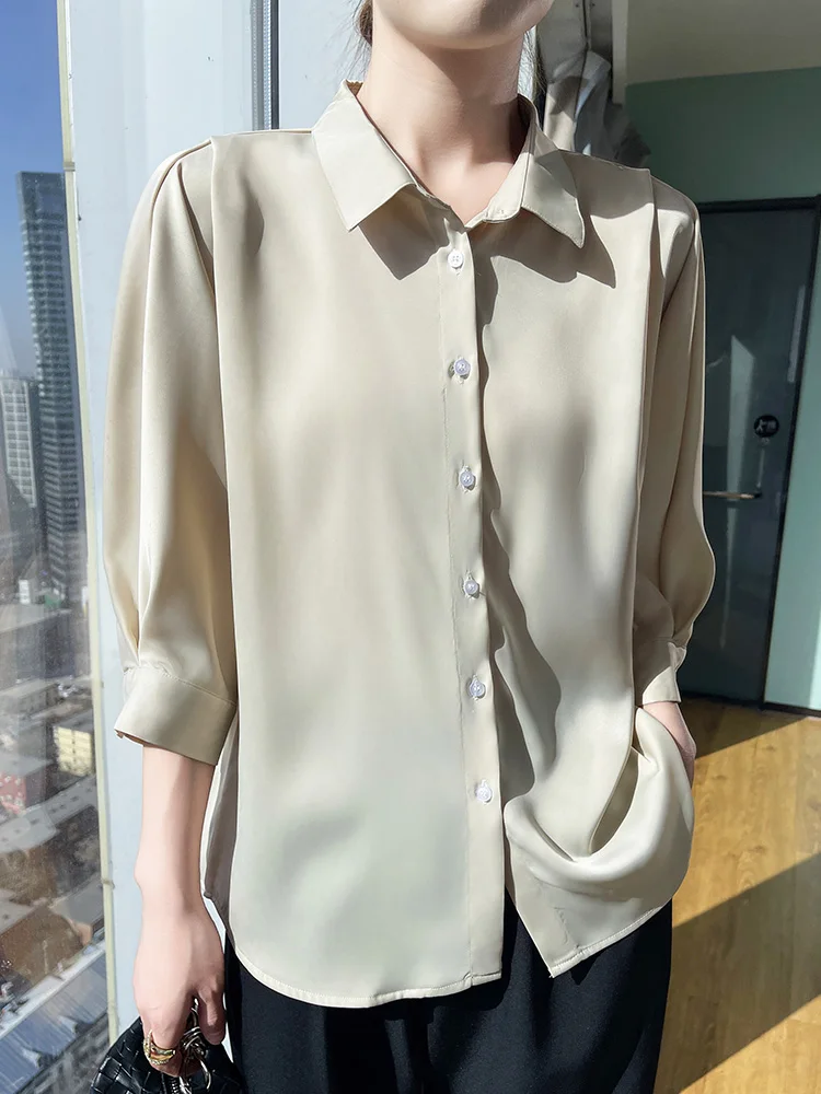 

Oversize New Arrival Blouses Silky Satin Surface Women's Casual Shirts Three Quarter Top Slim Solid Lady Clothing Fashion Trends