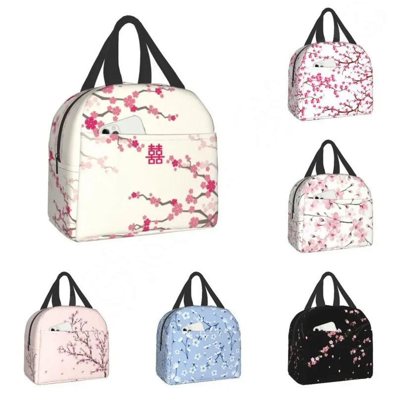 

Japanese Sakura Cherry Blossoms Insulated Lunch Bags for Women Resuable Thermal Cooler Flowers Bento Box Kids School Children
