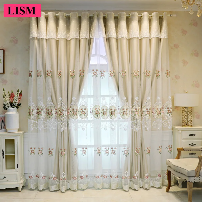 

Luxury Cloth Gauze Integrated Double-layer Curtain for Living Room and Bedroom Embroidered with Lace Decor Tulle Blackout Custom