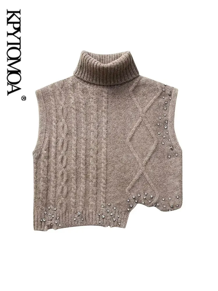 

KPYTOMOA-Women's Cropped Knit Sweater with Rhinestone, High Neck, Sleeveless, Female Waistcoat, Chic Vest, Tops, Fashion