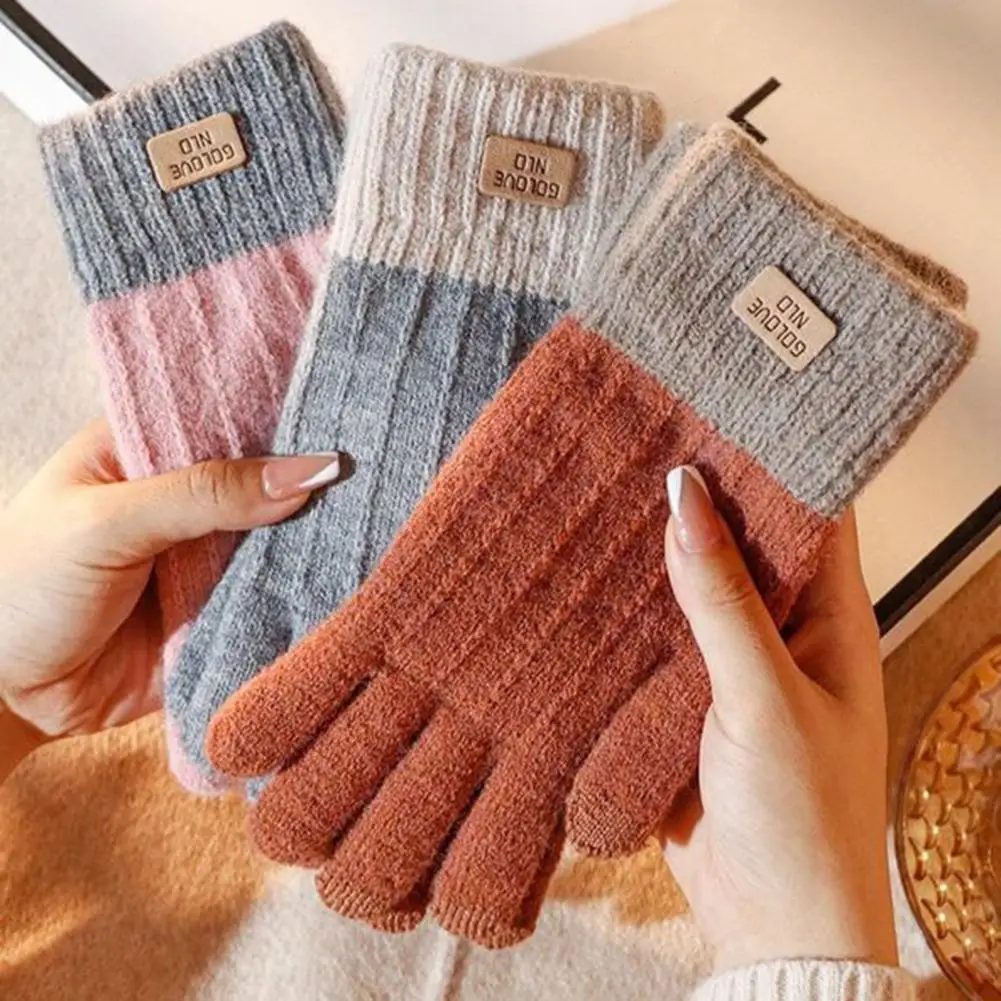 

1 Pair Unisex Winter Gloves Windproof Plush Knitted Color Matching Elastic Warm Five Fingers Gloves Soft Cozy Outdoor Gloves