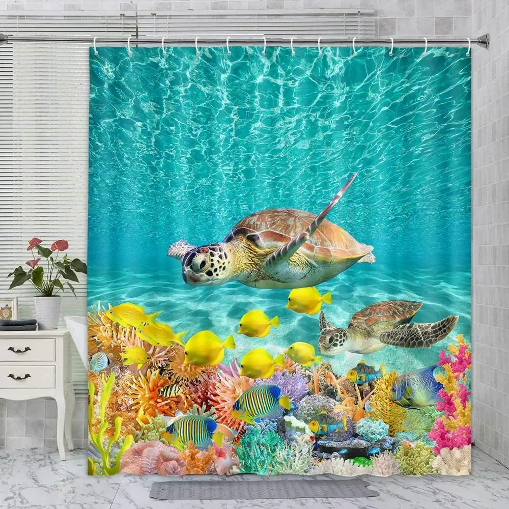 

Детская Водонепроницаемая шторка для душа, занавеска для ванной комнаты с изображением морской черепахи, Морского Пейзажа, пляжа, рыбы, кораллов, рифов, морских животных, с крючком