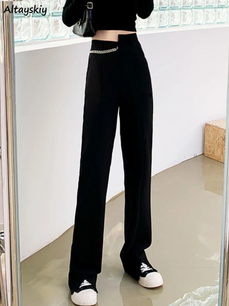 

Casual Pants Women Design Chain All-match Creativity Personality Summer Asymmetrical Simple Pure Basic Korean Style Ladies Slit