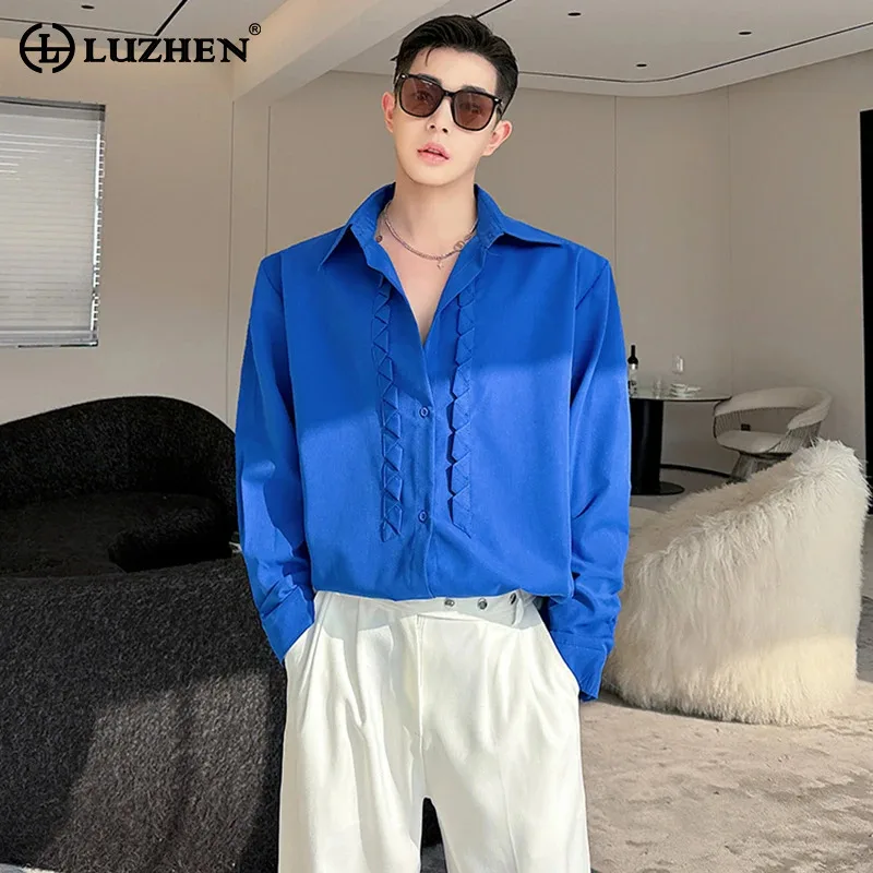 

LUZHEN French Elegant Splicing Decorate Design Long Sleeve Shirt Men's Fashion Solid Color Street Casual Tops 2024 Spring LZ2946