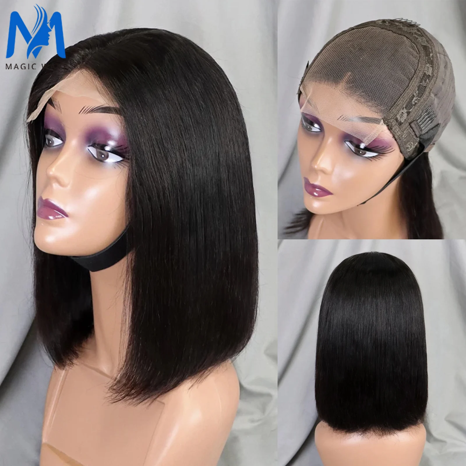 

4x4 Lace Closure Natural Black Straight Short Bob Human Hair Wigs for Black Women 180% Density Brazilian Remy Human Hair Wig
