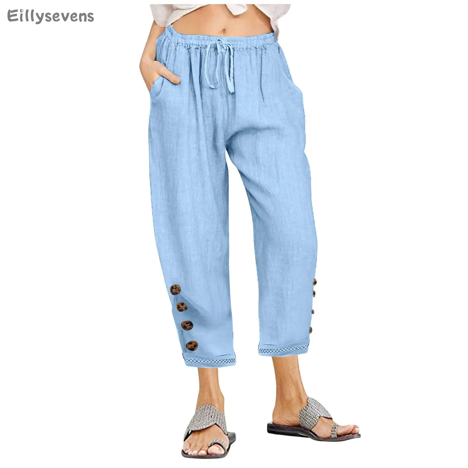 

Women loose cropped pants Summer new casual Bottoms Leg binding trousers Cotton Linen Button decoration Drawstring harem pants