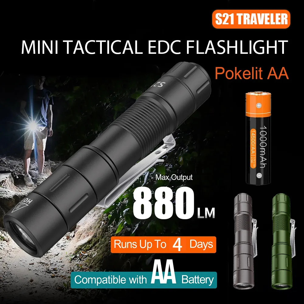 

S21 Traveler EDC Outdoor Camping Flashlight 880 Lumens Rechargeable Powerful Torch IP68 Waterproof Lantern USE AA 14500 Battery