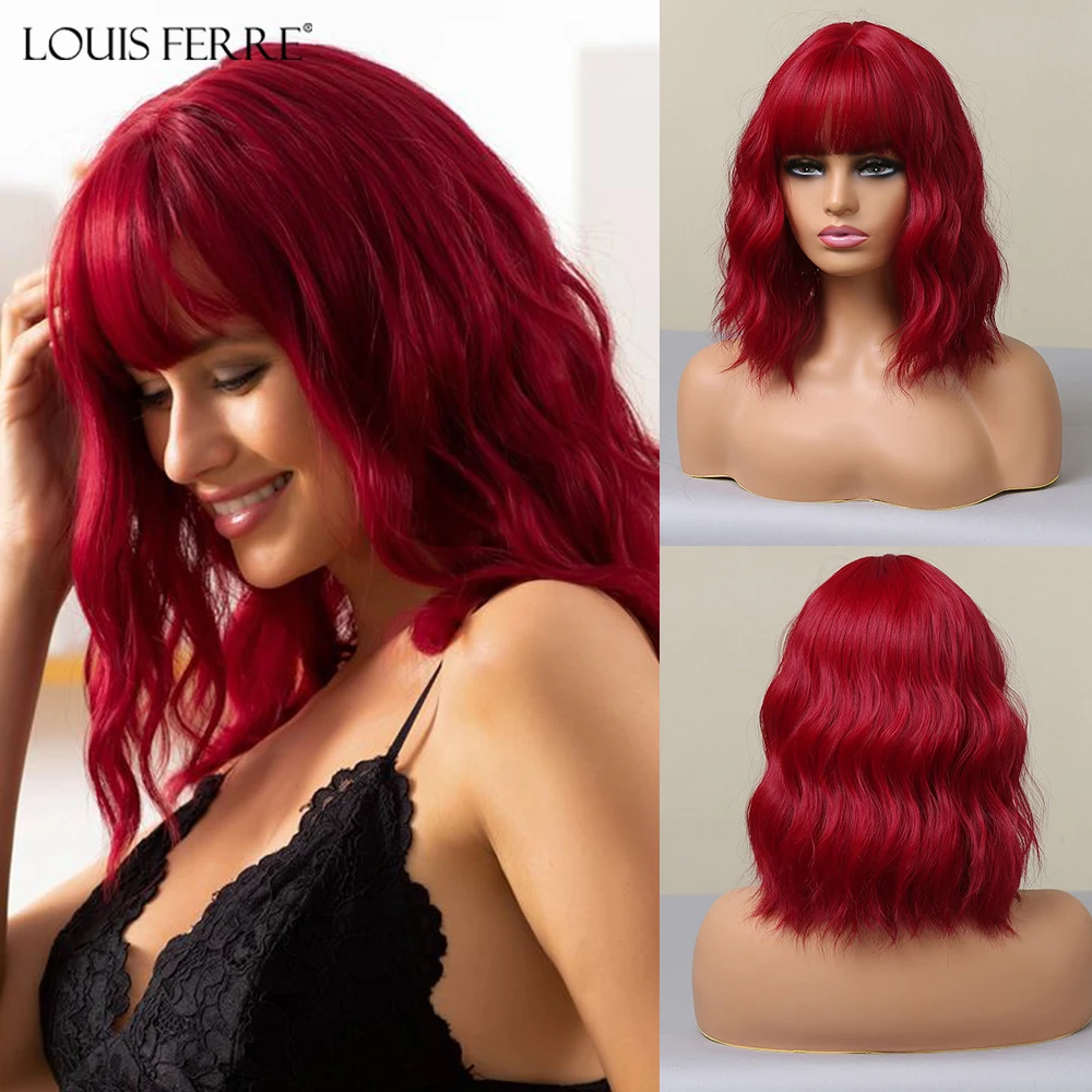 

LOUIS FERRE Short Red Wavy Wig for Women Red Bob Curly Hair Wigs with Bangs Natural Looking Heat Resistant Fiber for Daily Party