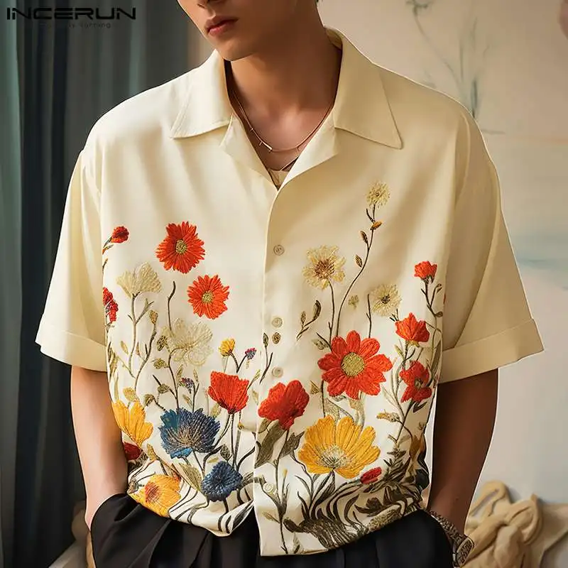 

2024 Men Shirt Flower Printing Lapel Short Sleeve Streetwear Casual Men Clothing Vacation Summer Fashion Hawaiian Shirts INCERUN