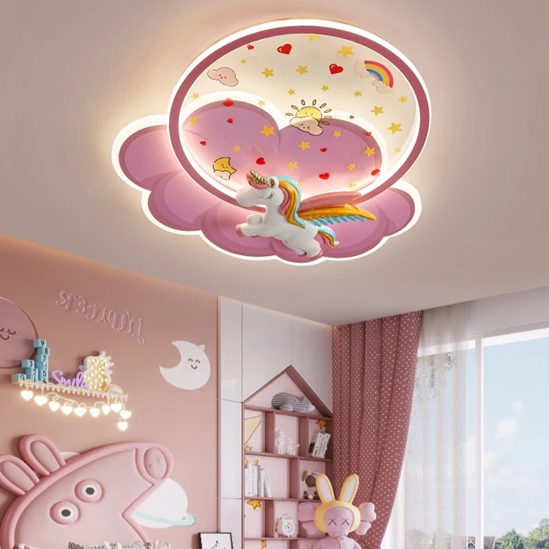 

Princess Room Unicorn Ceiling Lamp Remote Control Optional Dimming LED Pink Ceiling Chandelier for Bedroom Nursery Room Girl Kid