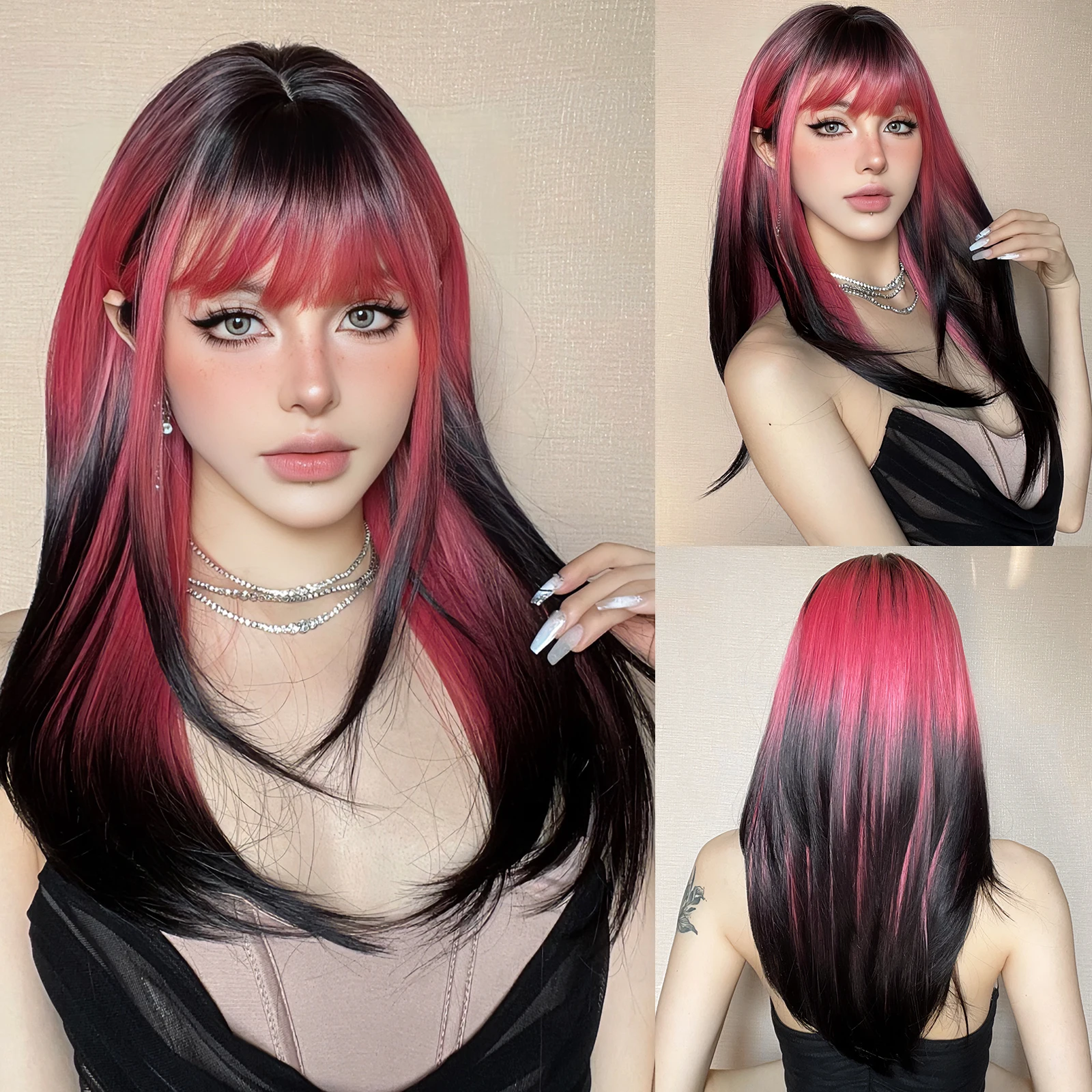 

Прямой многослойный мягкий парик для женщин Омбре розовый длинный парик с челкой косплей ежедневное быстрое использование натуральные синтетические волосы термостойкий