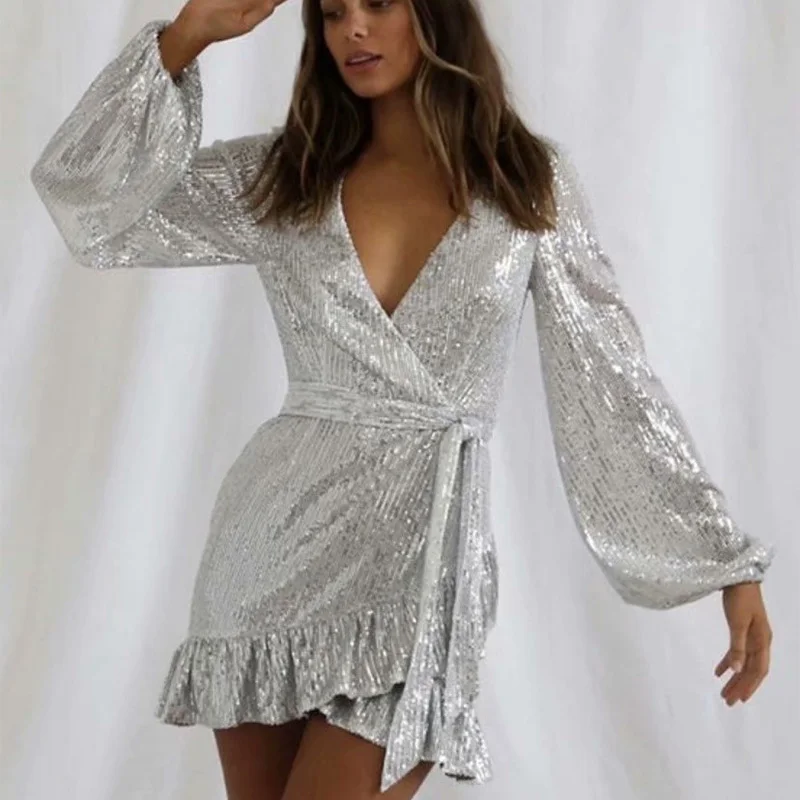 Sexy Sequin Wrap Dress Autumn Winter Elegant Night Club Ladies Clothes New Ruffles Long Sleeve Bling Shiny Mini Party Dress
Sexy Sequin Wrap Dress Autumn Winter Elegant Night Club Ladies Clothes New Ruffles Long Sleeve Bling Shiny Mini Party Dress
