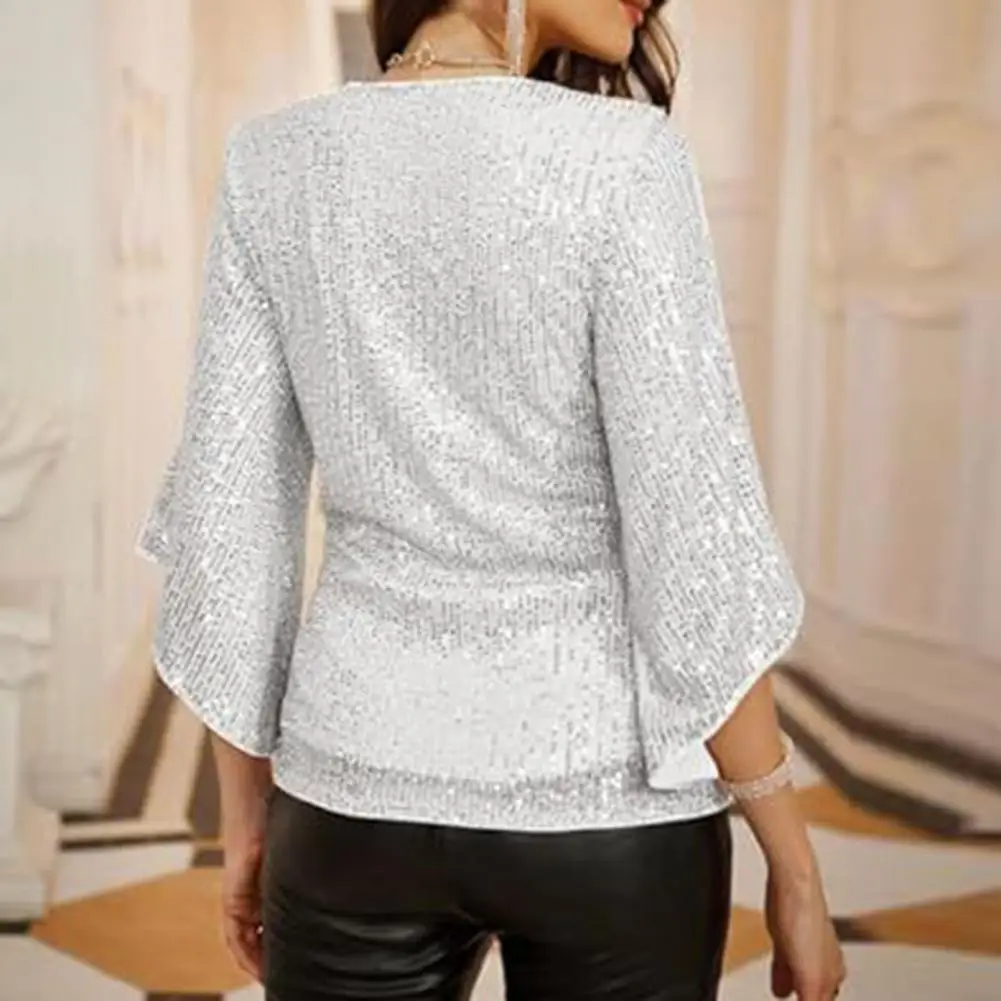 

Sparkly Top Elegant Shiny Sequin V Neck Blouse for Women Three Quarter Sleeve Loose Pullover with Hollow Out Detail for Lady