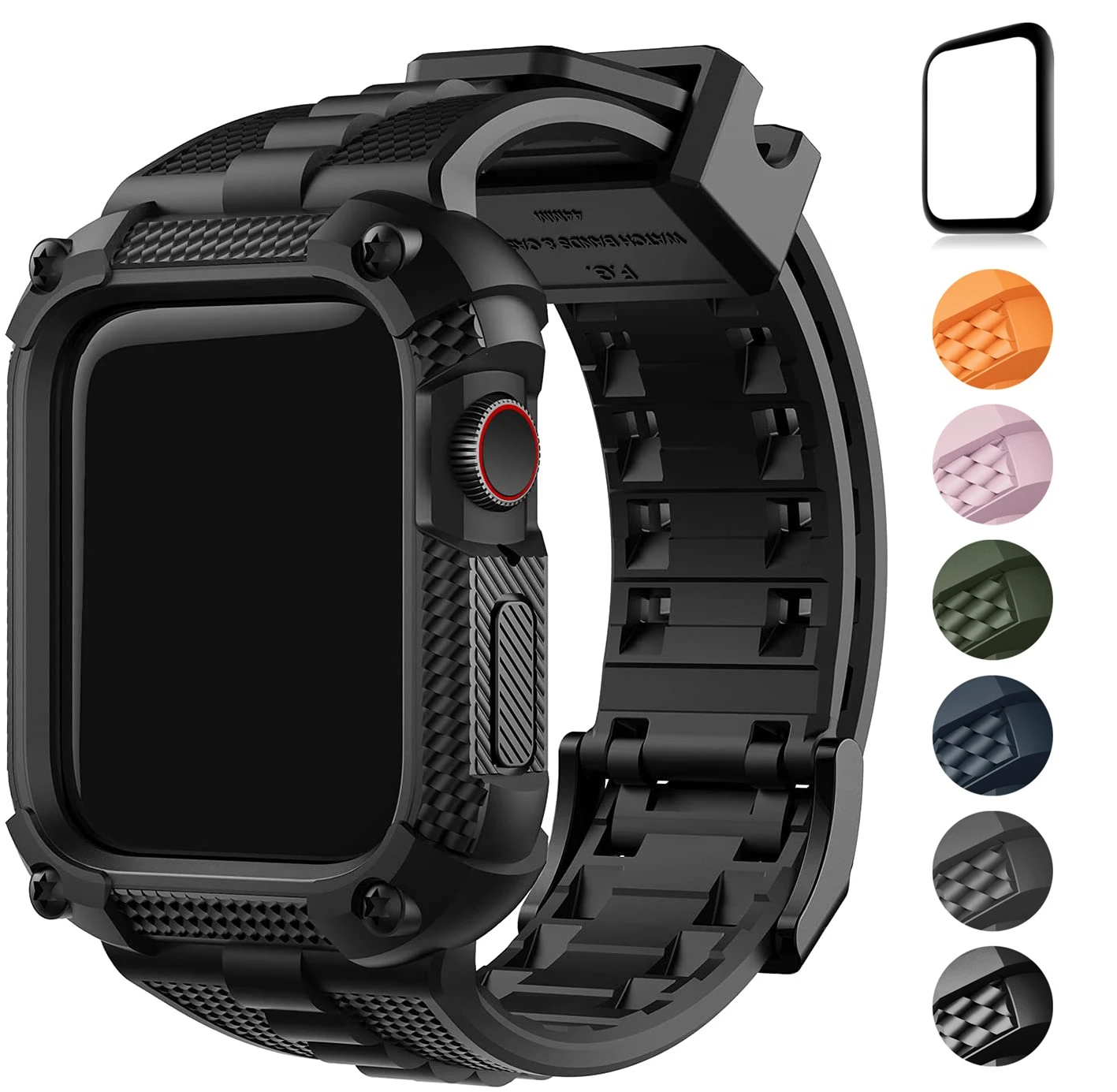 

Fullmosa for Apple Watch Bands 40/41/44/45/49mm Rugged with Screen Protector Silicone Straps for Apple Watch Ultra 2 Series 9 8