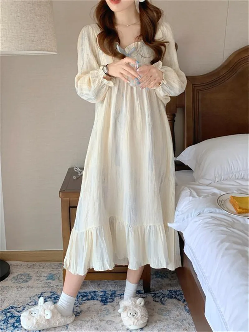 Long Sleeve Gauze Nightgown Spring Autumn Sweet Ruffle Loose Sleepwear 100% Cotton Sleepdress Home Suit Printing Dyeing S309
Long Sleeve Gauze Nightgown Spring Autumn Sweet Ruffle Loose Sleepwear 100% Cotton Sleepdress Home Suit Printing Dyeing S309