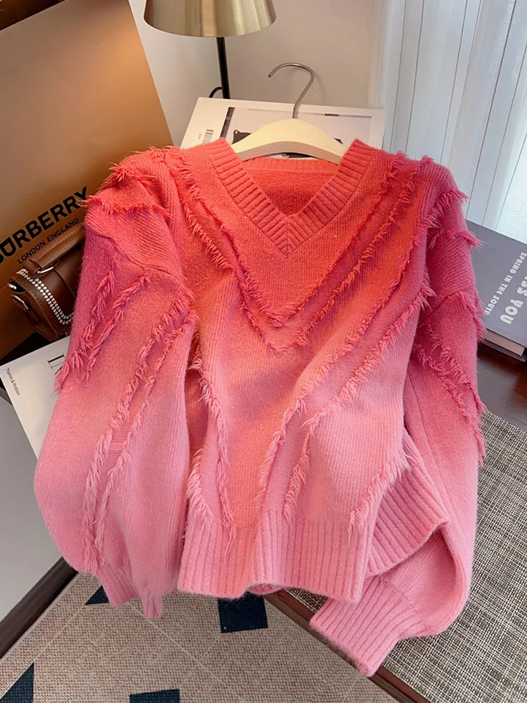 

Пуловер женский осенне-зимний с градиентом, с необработанными краями