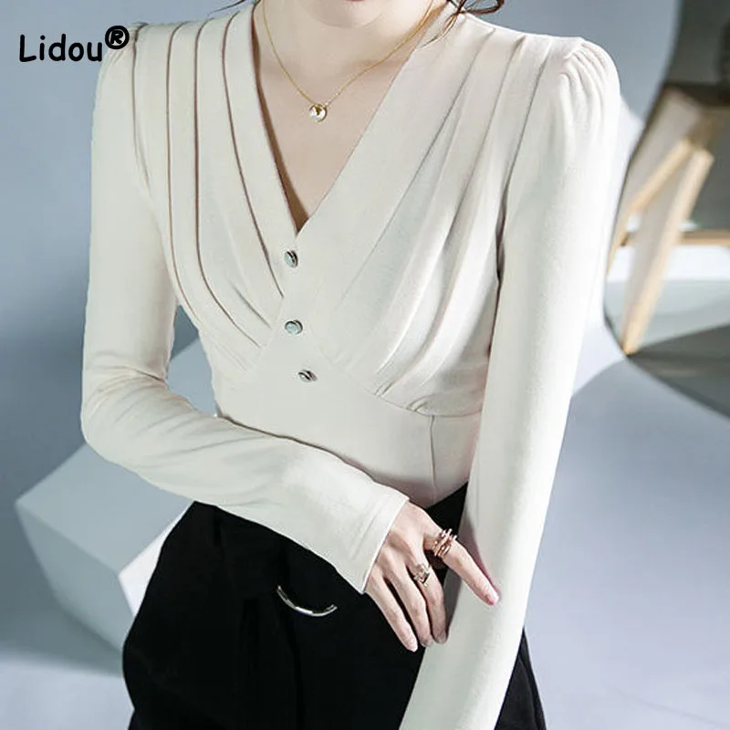 

Autumn Winter Commute Women's Slim Fashion V-Neck Folds Tops Female Clothing Elegant Beading Spliced Solid All-match T-shirt