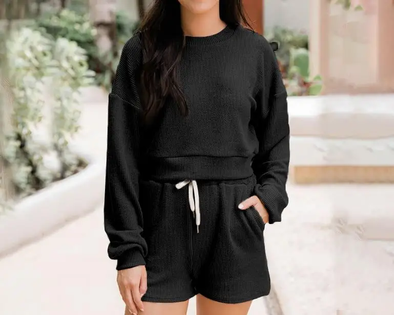 Женский комплект из двух предметов, однотонный пуловер с круглым вырезом и свитер с длинным рукавом, повседневный комплект с шортами, осень-весна 2023 
Женский комплект из двух предметов, однотонный пуловер с круглым вырезом и свитер с длинным рукавом, повседневный комплект с шортами, осень-весна 2023