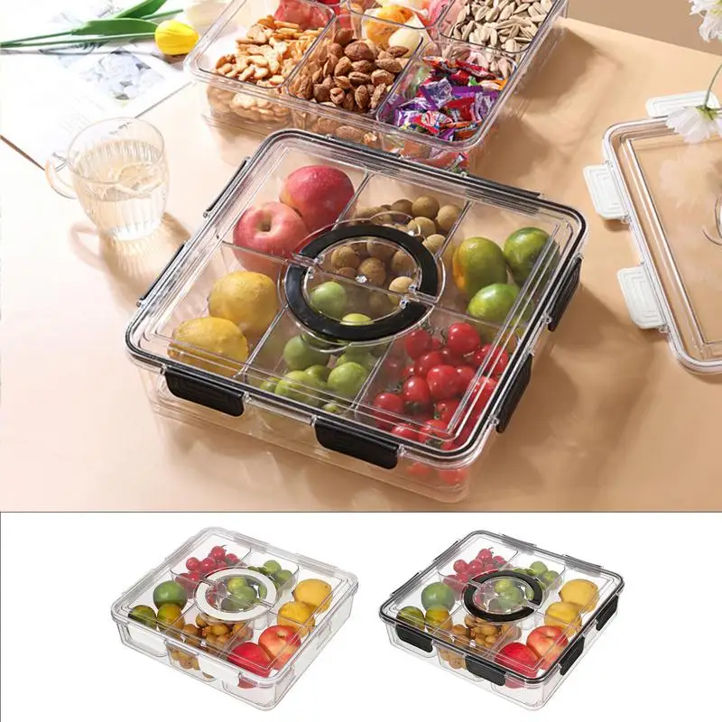 

Divided Serving Tray with Lid and Handle 6 Grids Veggie Tray Snack Platters Organizer Fresh-keeping Seasoning Separator Box