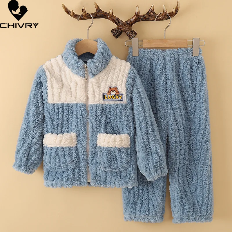 

New Kids Boys Girls Autumn Winter Thicken Warm Flannel Pajamas Baby Fashion Cartoon Bear Zipper Clothing Sets Sleepwear Pyjamas