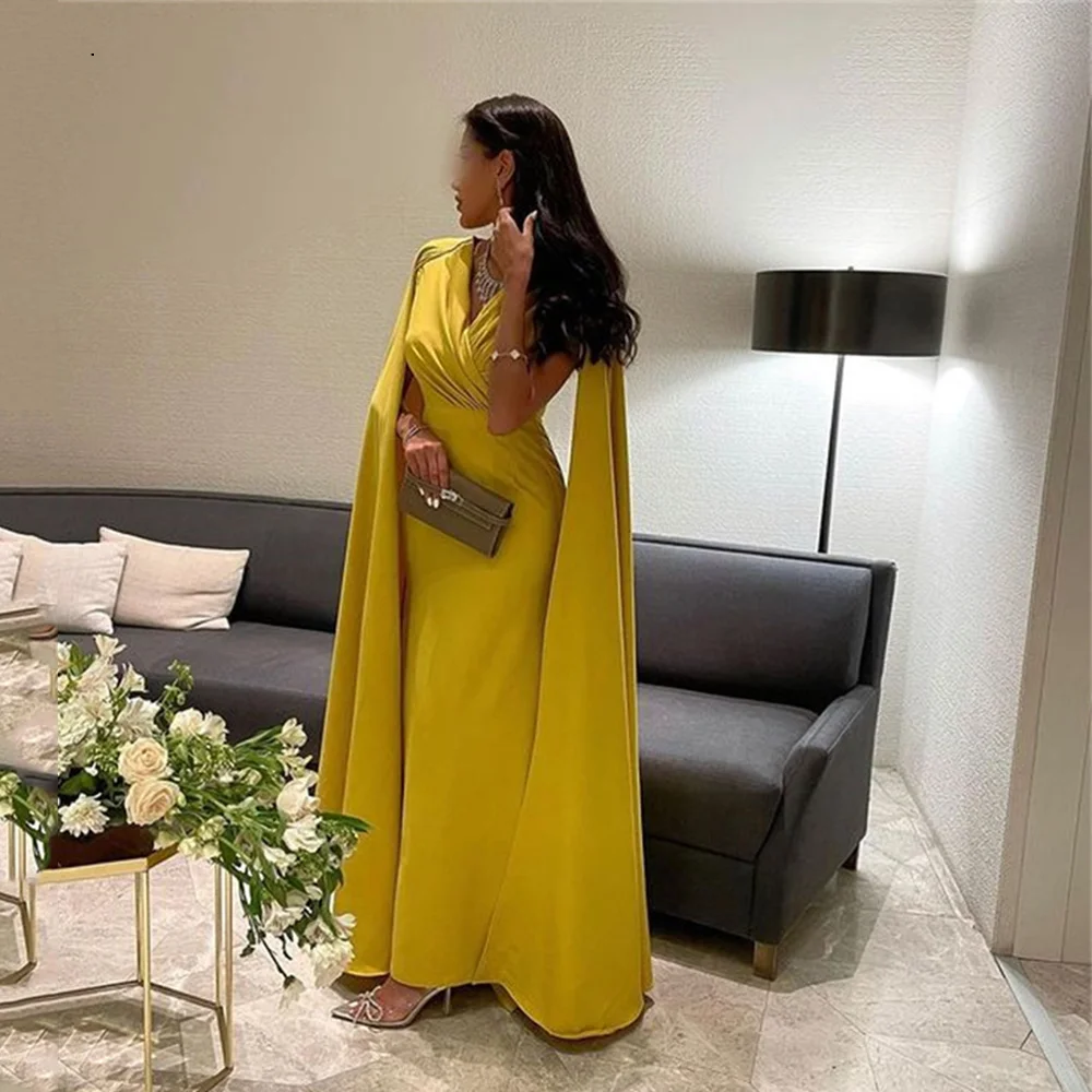 Shawl Sleeve Yellow Evening Dresses Mermaid Stain V-Neckline Simple Prom Dress Formal Saudi Arabia Party Gowns Vestidos De Noche 
Shawl Sleeve Yellow Evening Dresses Mermaid Stain V-Neckline Simple Prom Dress Formal Saudi Arabia Party Gowns Vestidos De Noche