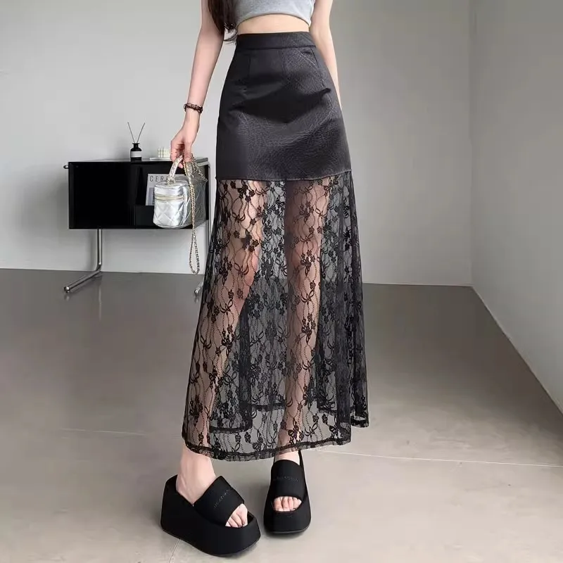 

2024 Summer New Half Skirt Women's High Waist Mid Length Wrapped Hip Skirt Elegant Lace Spliced A-line Skirt