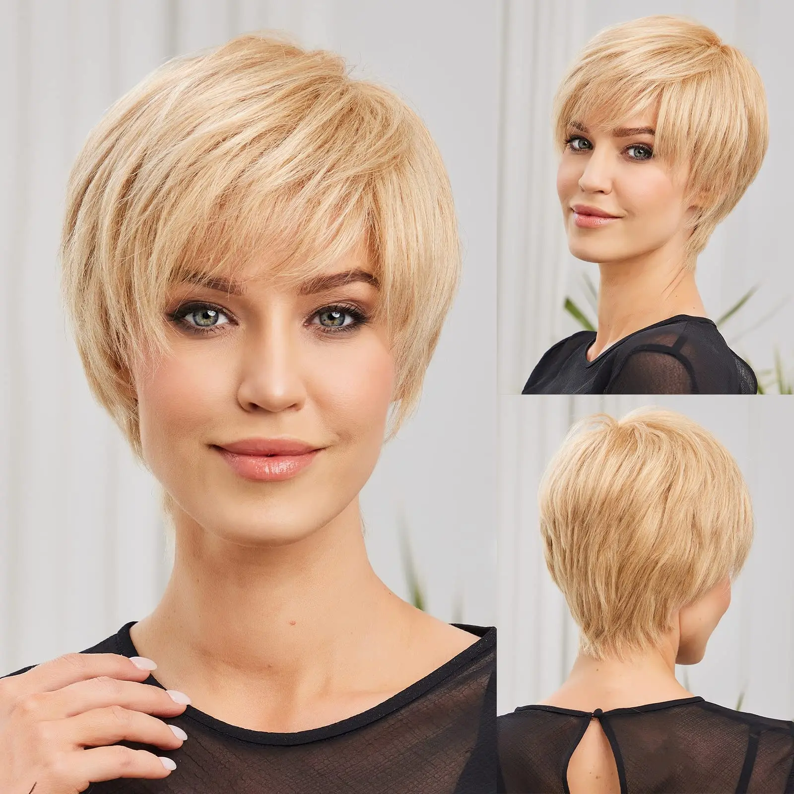 

Remy Short Pixie Cut Human Hair Wig Bob Honey Blonde Natural Straight Layered Wig with Bangs Human Hairs Glueless Wigs for Women