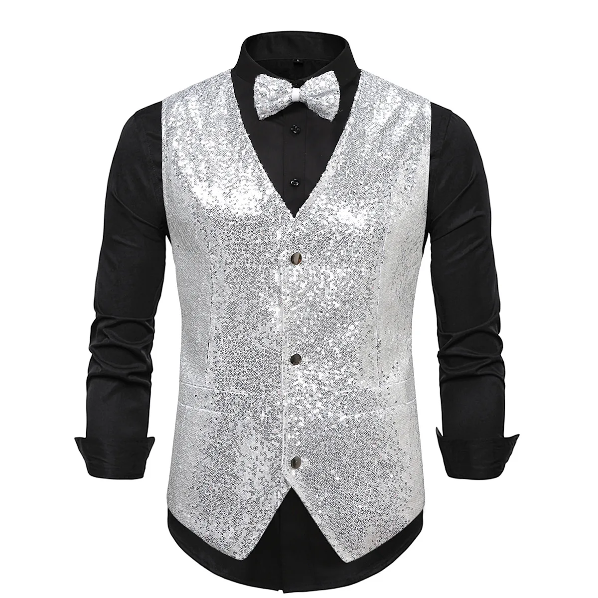 

Mens Shiny Sequins Vests V Neck Slim Fit Suit Waistcoat Bowtie Set Wedding Prom Tuxedo Vest Men 70s Disco Party Gilet Homme XXL
