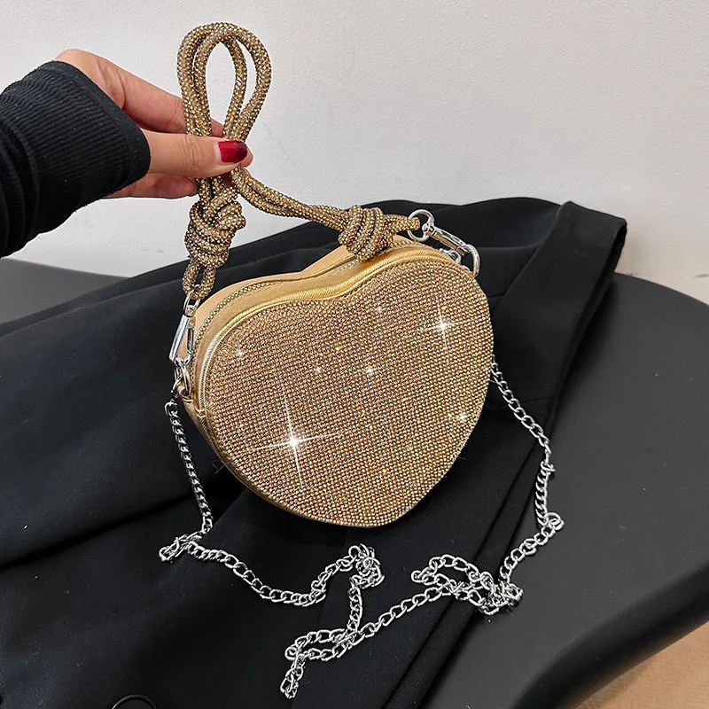 

Luxury Diamonds Heart Design Handbags For Women Shiny Stone Women Shoulder Bag 2024 New Style Women's Bag Party Cute Purse