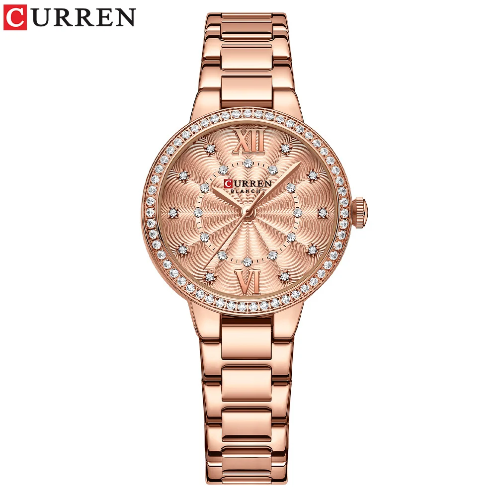 

for Luxury CURREN Wommen Quartz Rhinestones Wristwatches Rose Dial Fashion Watches with Stainless Steel Band New