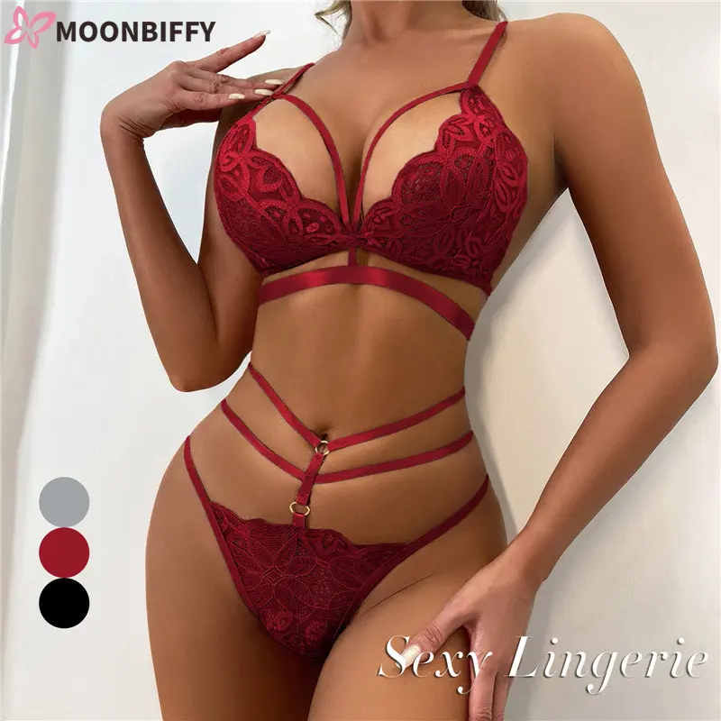 Transparente Lace Mesh Underwear Set Para Mulheres Suti Sexy Thongs Ligas Strap Lingerie Suit