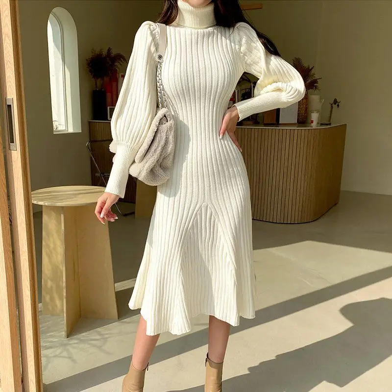 

Women Autumn Winter New High Neck Pullover Knitted Dress Fashion Solid Long Skirt Fit Wrapped Hip Lantern Sleeves Fishtail Skirt